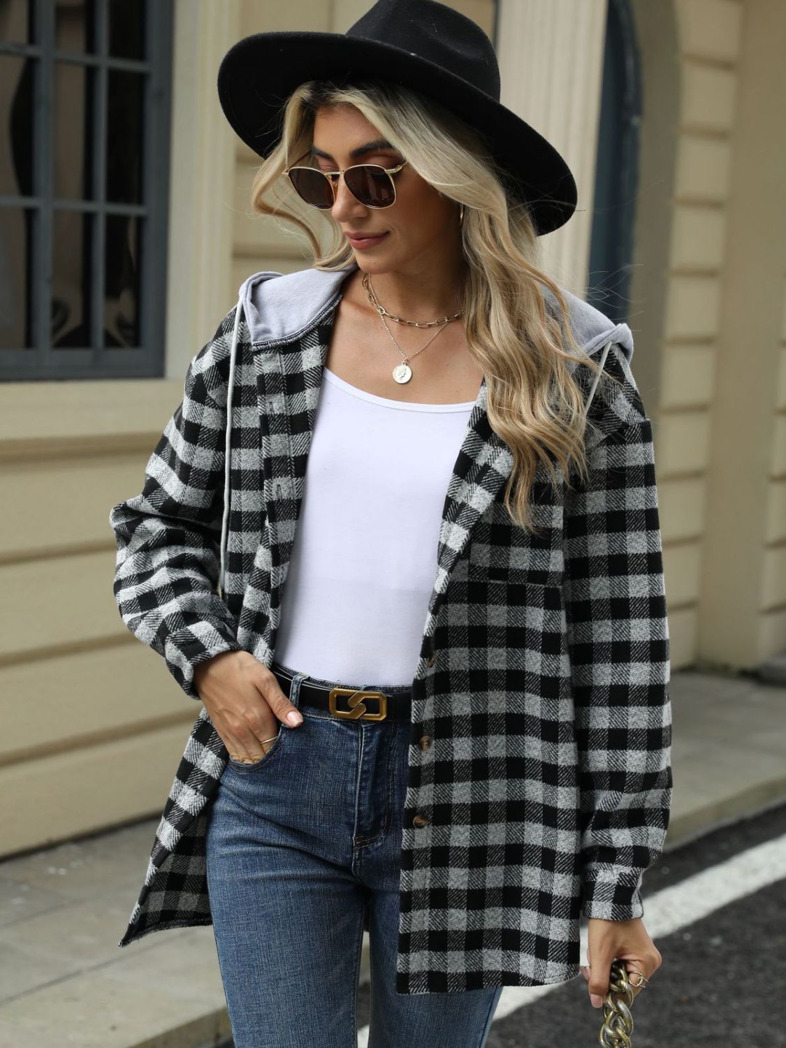 Ramona | Checked drawstring hooded jacket with long sleeves