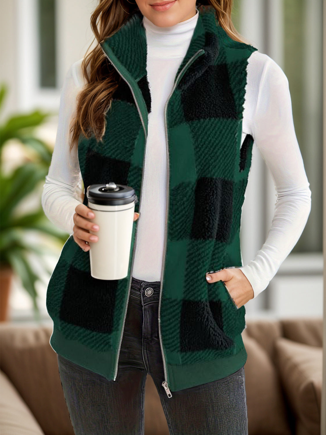 Anja | Full size checked vest coat with pockets