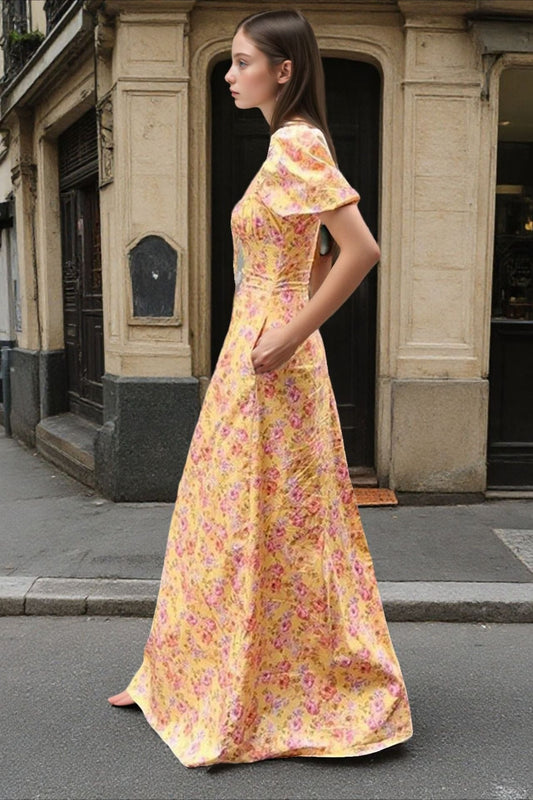 Floral Print Square Neck Puff Sleeve Tie Maxi Dress