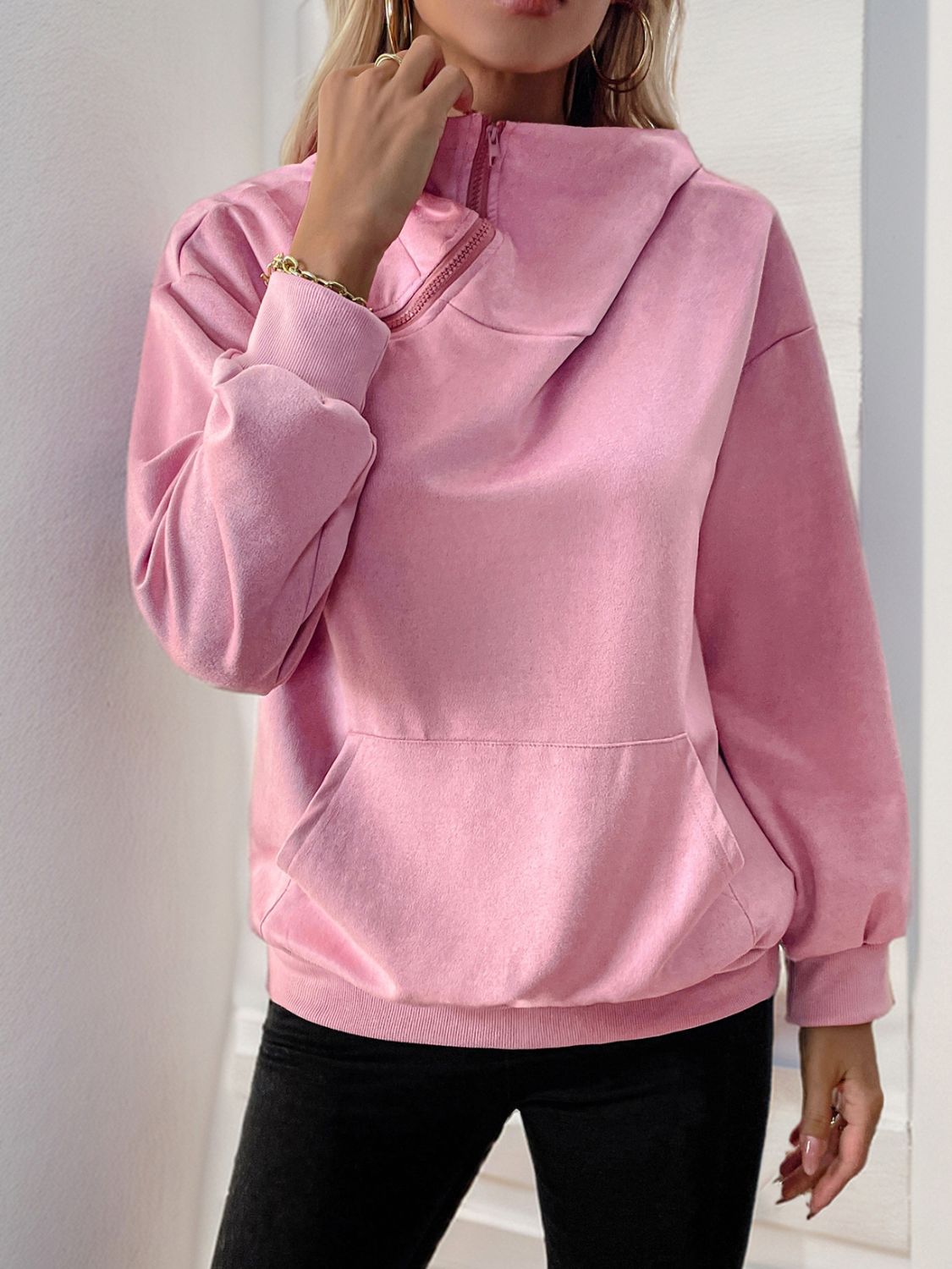 Carolina | Perfee Oblique Zipper Long Sleeve Hoodie