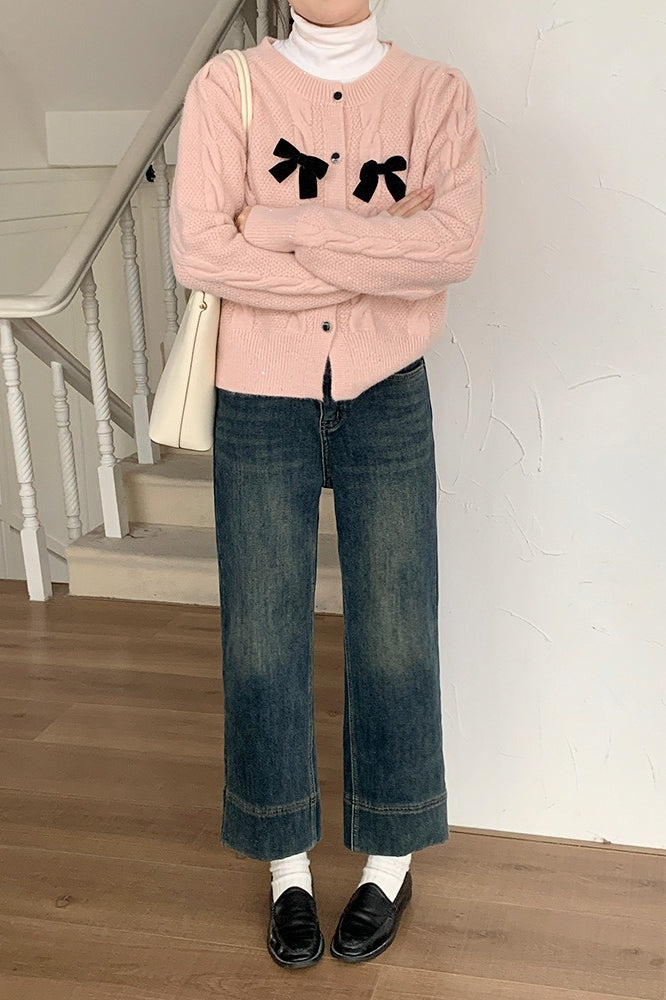 Sparkle Bow Detail Ribbed Cardigan