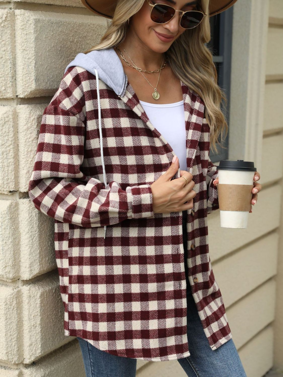 Ramona | Checked drawstring hooded jacket with long sleeves