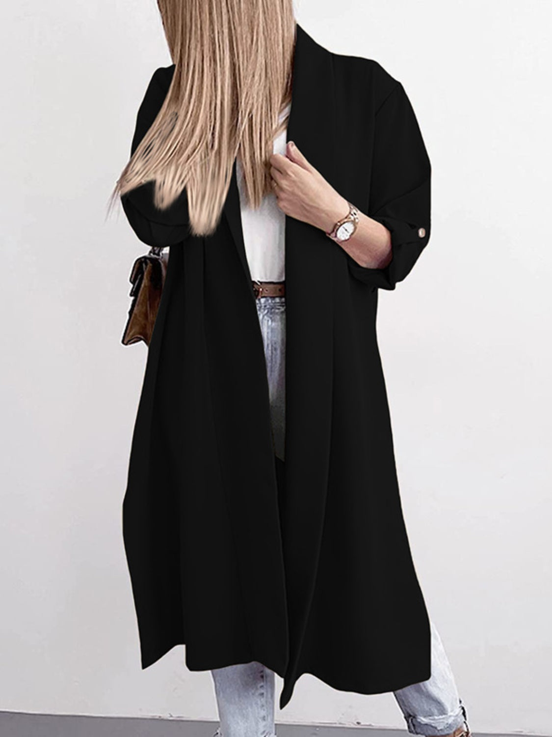 Marianna | Slit trench coat with roll tab sleeves open at the front