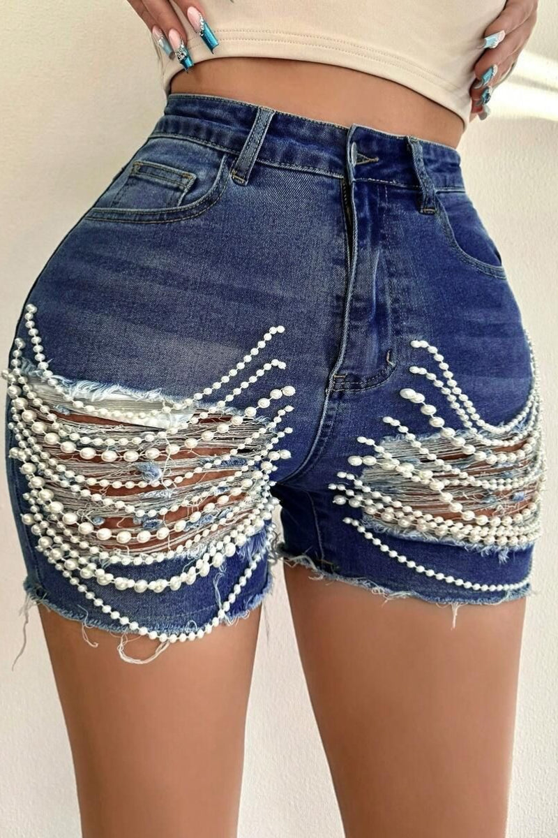 Beaded Chain Ripped High Waist Denim Shorts