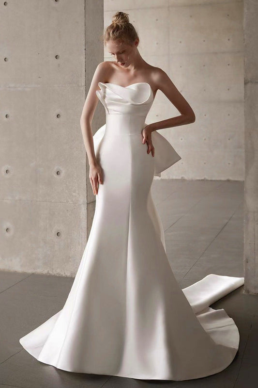 Satin Bandeau Train Bow Wedding Dress