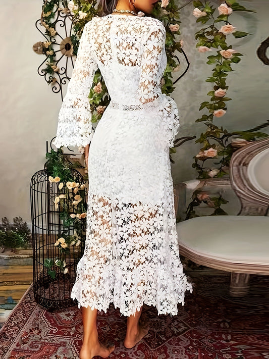 Flora® | Cotton Guipure Lace V-Neck Long Sleeves Apron Cocktail Party Dress For Women Ideal For All Seasons