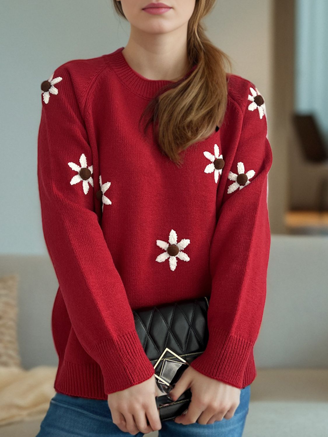 Hana | Floral sweater with a crew neck and raglan sleeves