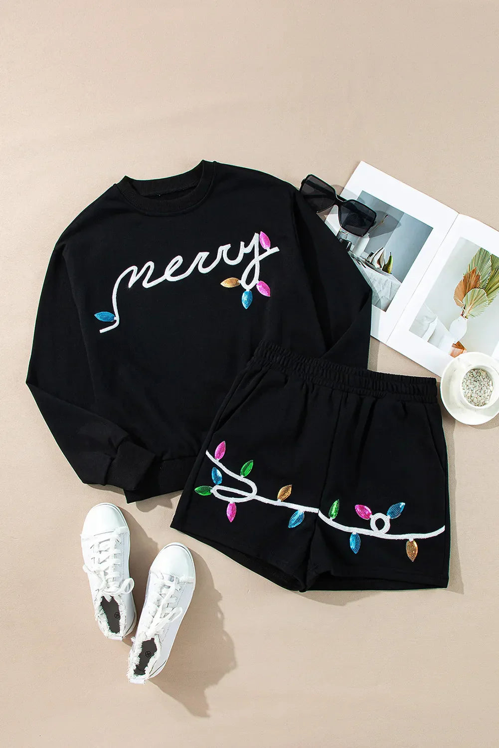 Noelia | MERRY sequined crew neck long sleeve top and shorts set