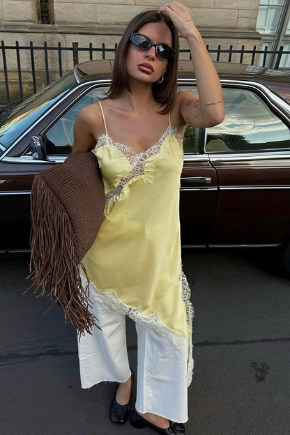 Lace Trim Patchwork Low Cut Asymmetrical Slit Cami Top