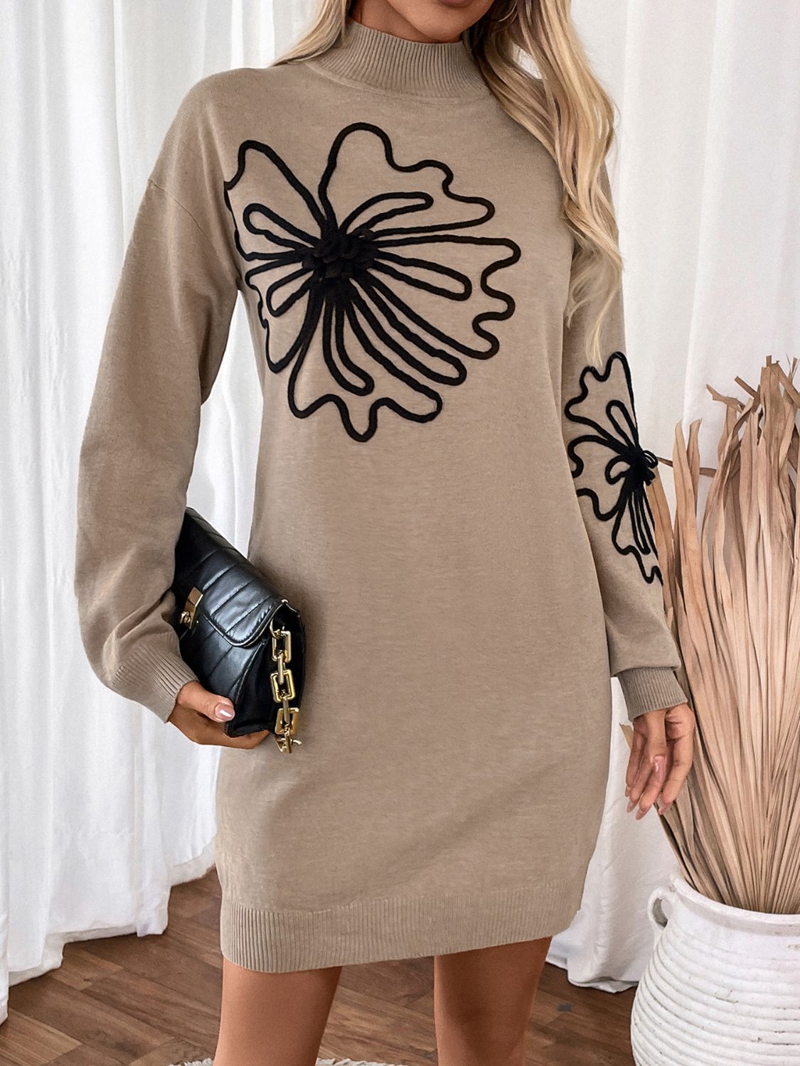 Cornelia | Perfee floral sweater dress with stand-up collar and long sleeves
