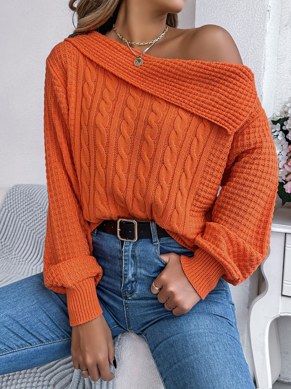 Olivia | Long sleeve cable knit sweater with one shoulder
