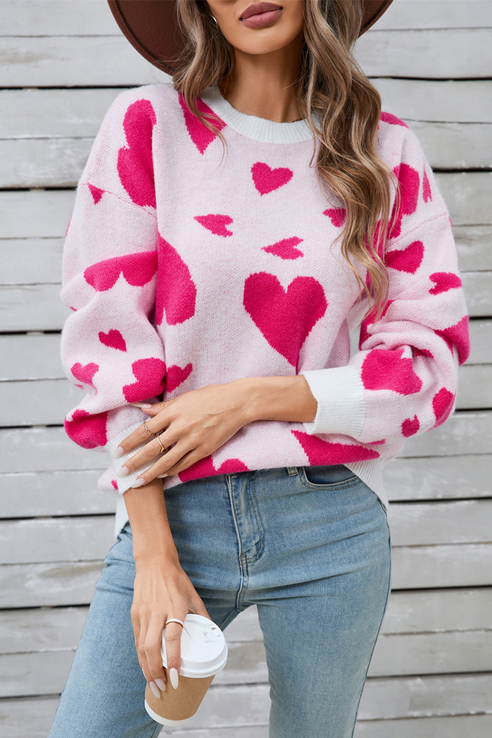 Alida | Heart contrast crew neck long sleeve sweater