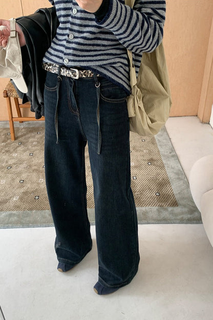 Solid Pendant Thick High Waist Straight Jeans