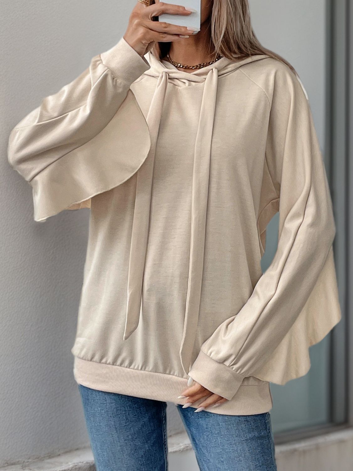 Mariana | Perfee Drawstring Ruffle Long Sleeve Hoodie