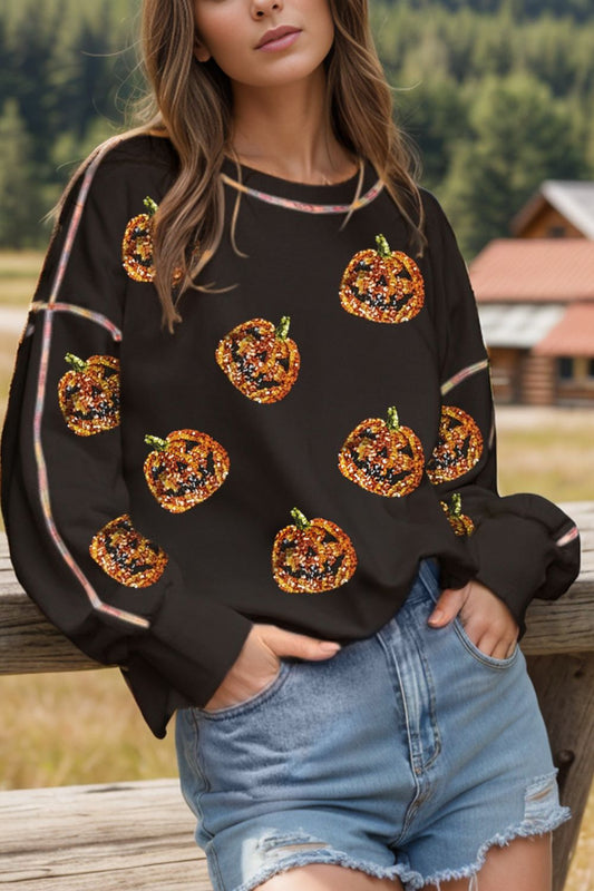 Petra | Long sleeve sequin pumpkin crew neck sweatshirt