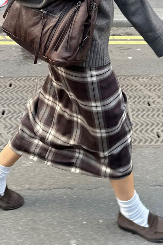 Asymmetric Straight Plaid Skirt