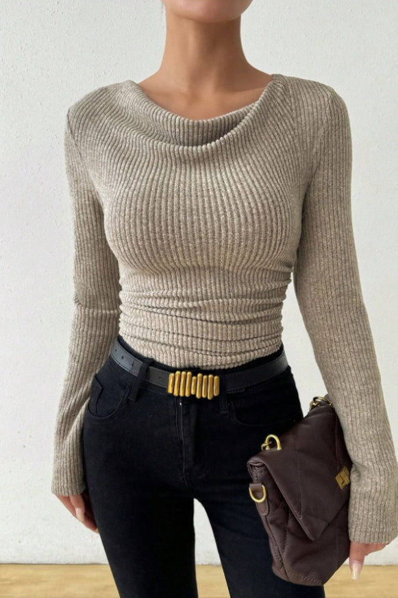 Ruched Cowl Neck Slim Knit Long Sleeve Tee