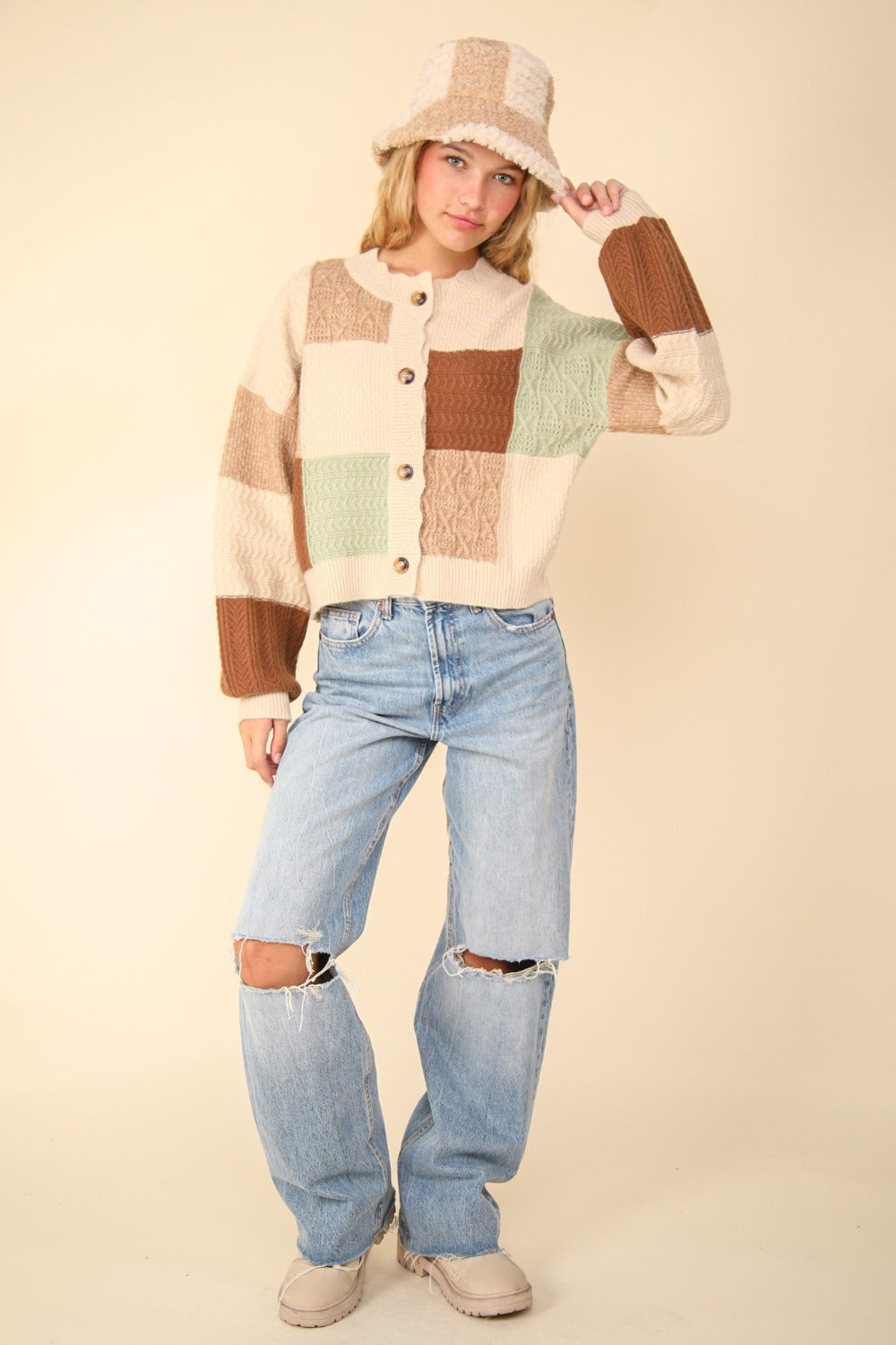 Margarita | Textured sweater cardigan with color block buttons