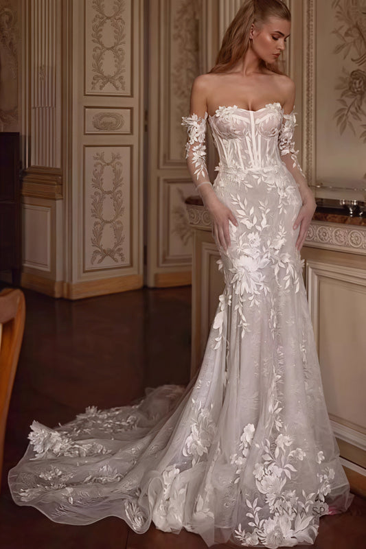 Bohemian Lace Mermaid Train Wedding Dress