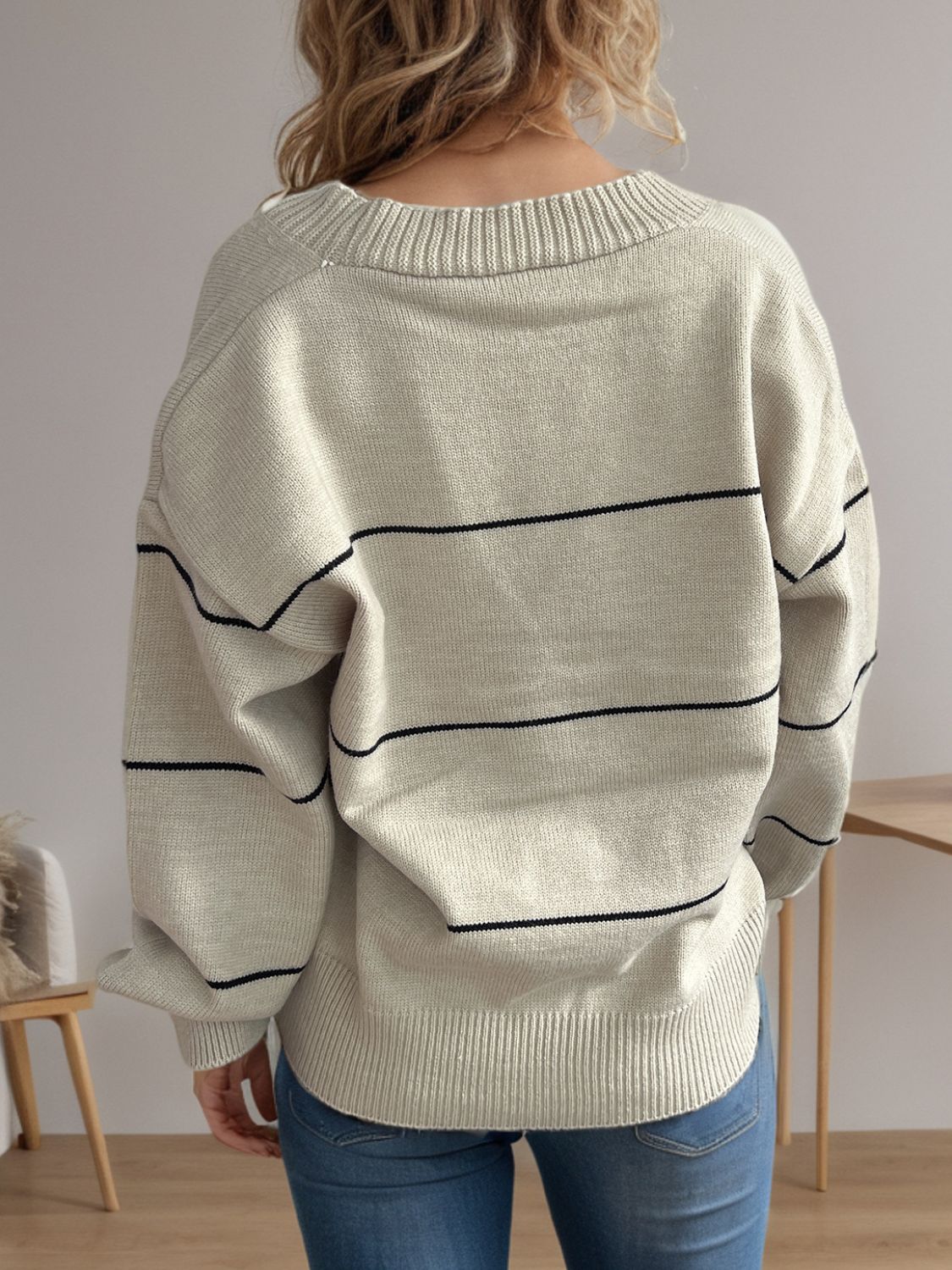 Flavia | Striped, long-sleeved cardigan with button placket and V-neck