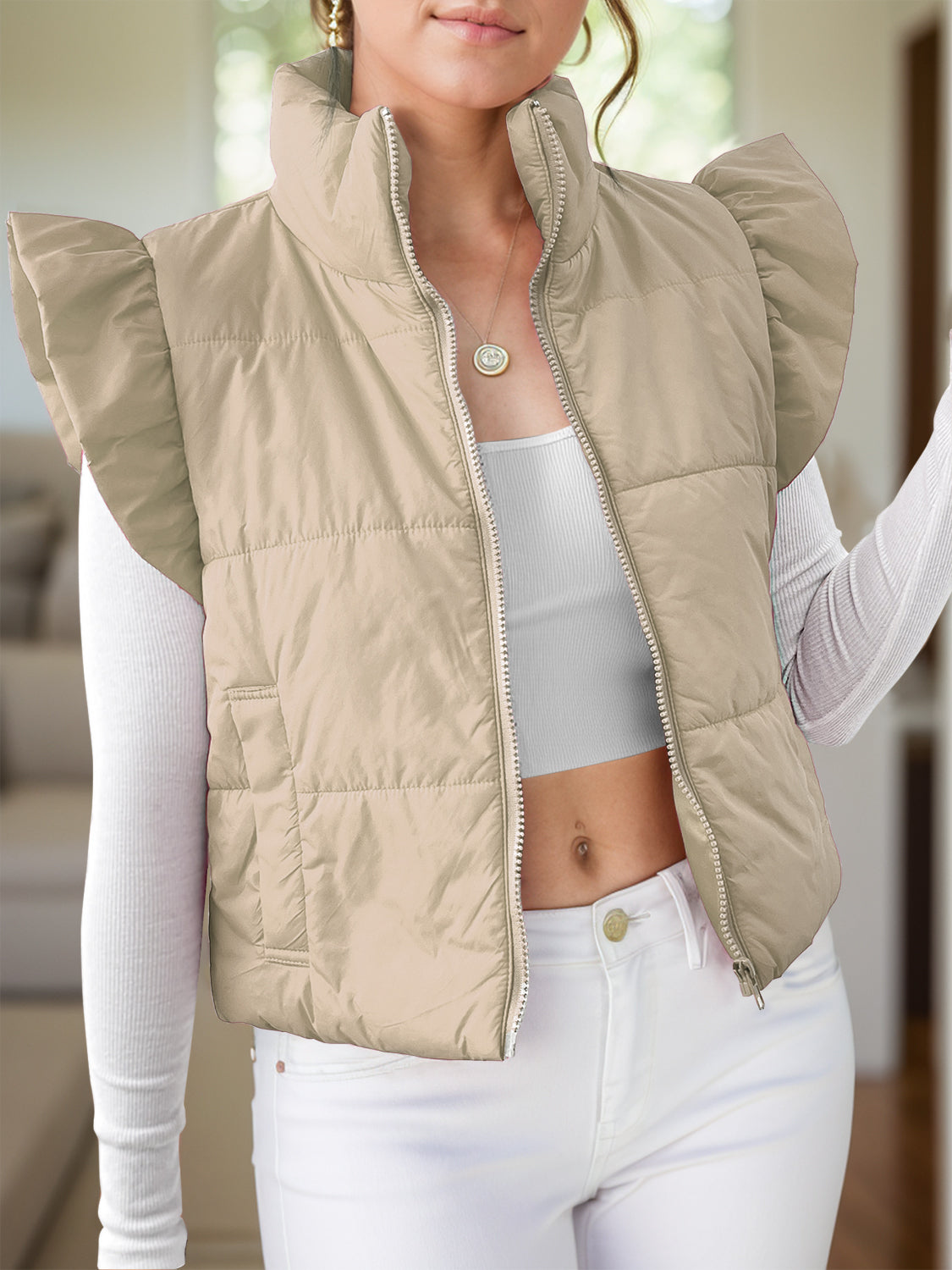 Anita | Zip-up jacket with cap sleeves and pockets