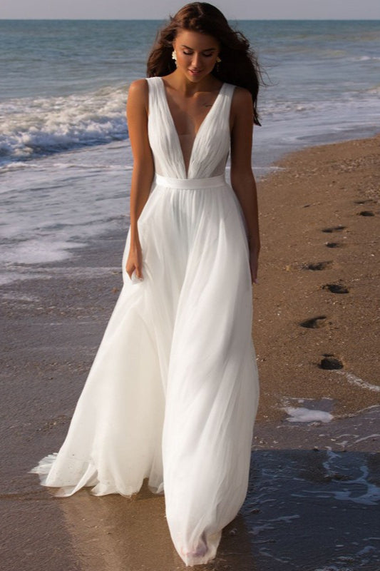 Elegant Minimalist Deep V Backless Reception Dress