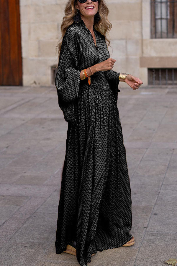 Noemí® | Polished Long Sleeve Loose V-Neck Waist Control Large Hem Dress