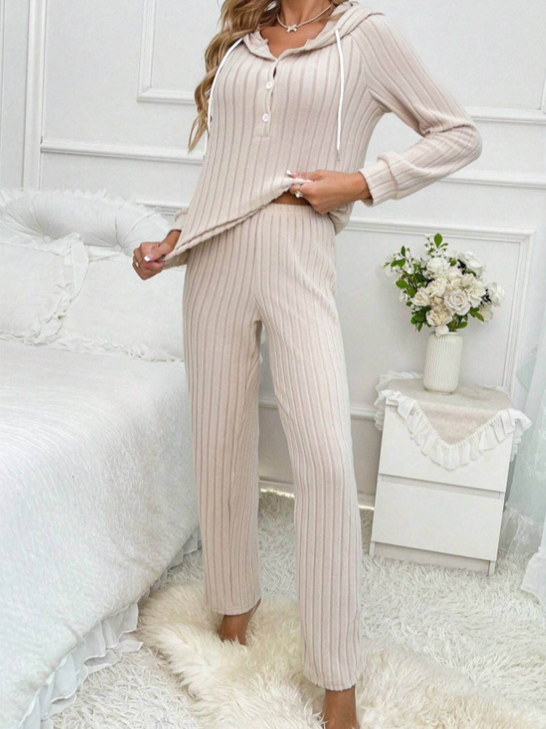 Ilona | Hooded top and ribbed drawstring half button pants set