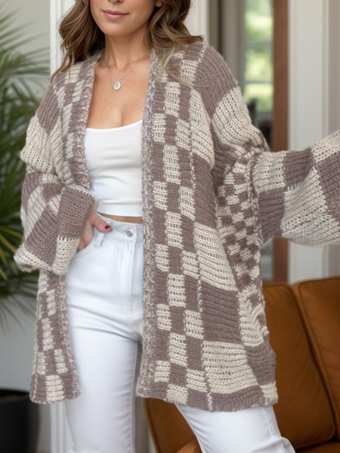 Celia | Checked open front long sleeve cardigan