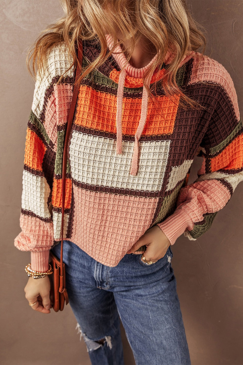 Ester | Long sleeve drawstring sweater with color block design