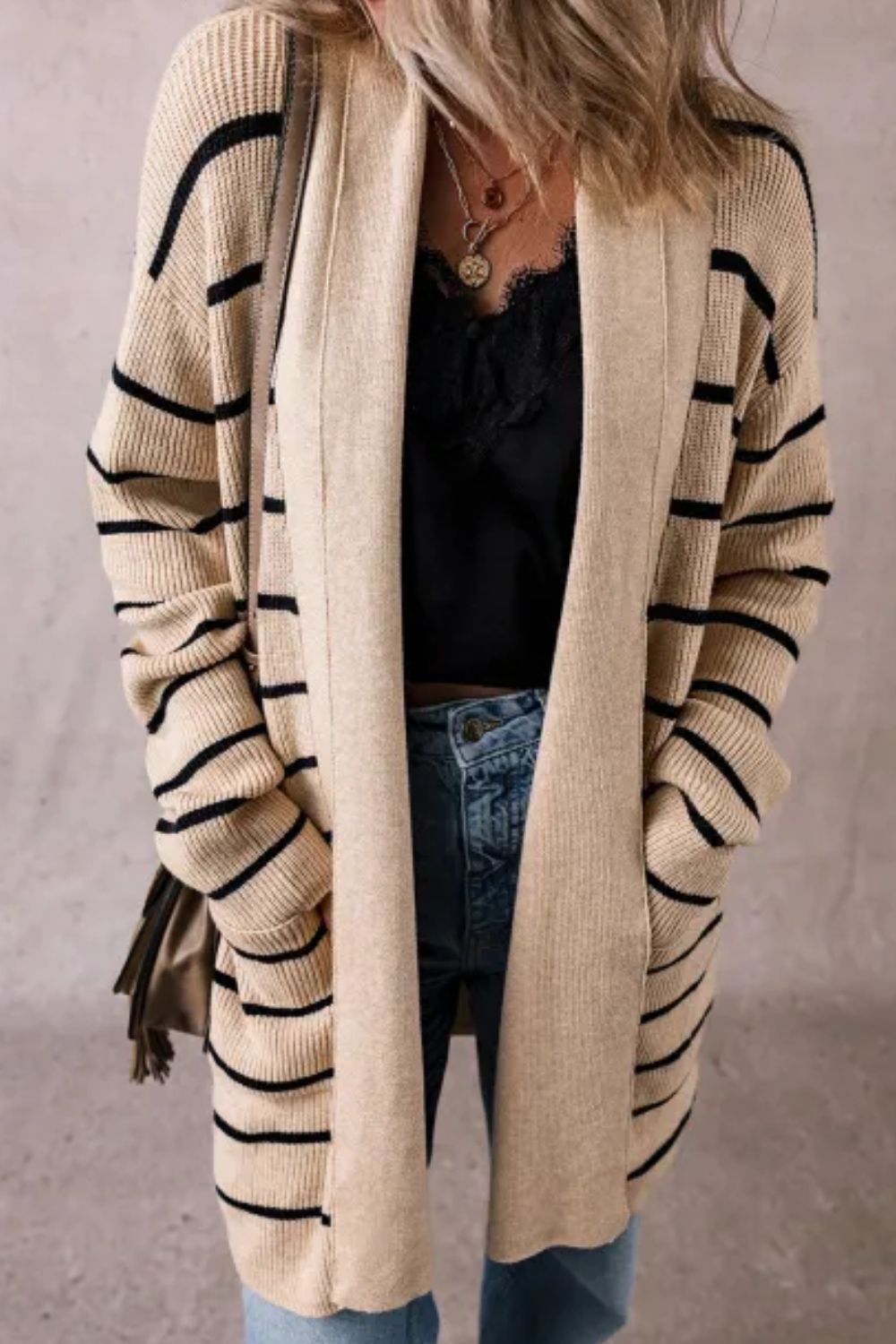 Karla | Striped, open front long sleeve cardigan
