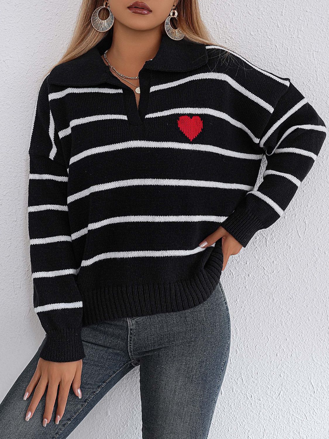 Regine | Striped long-sleeved sweater with Johnny collar