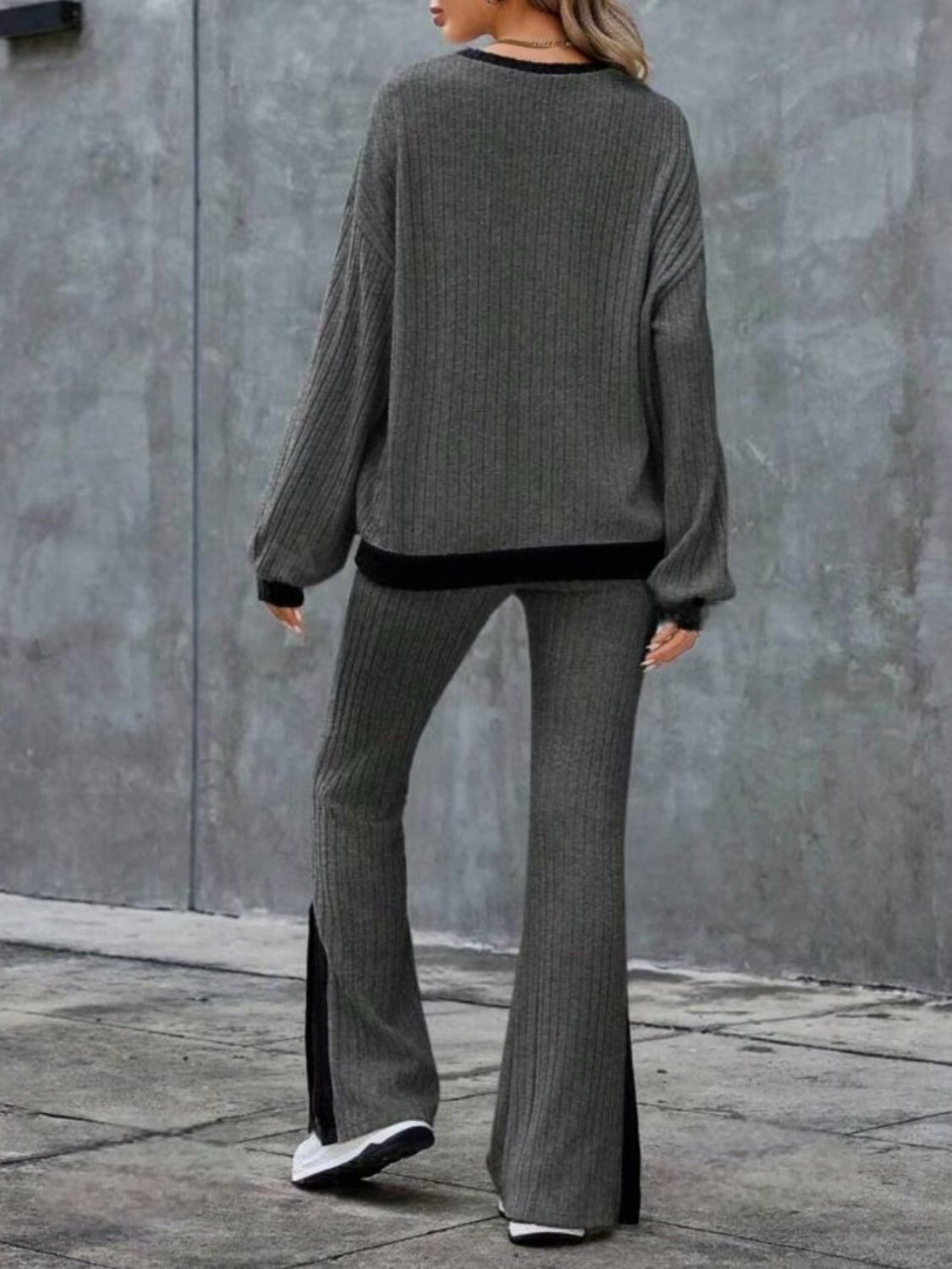 Wilma | Contrast crew neck long sleeve top and bootcut trousers set