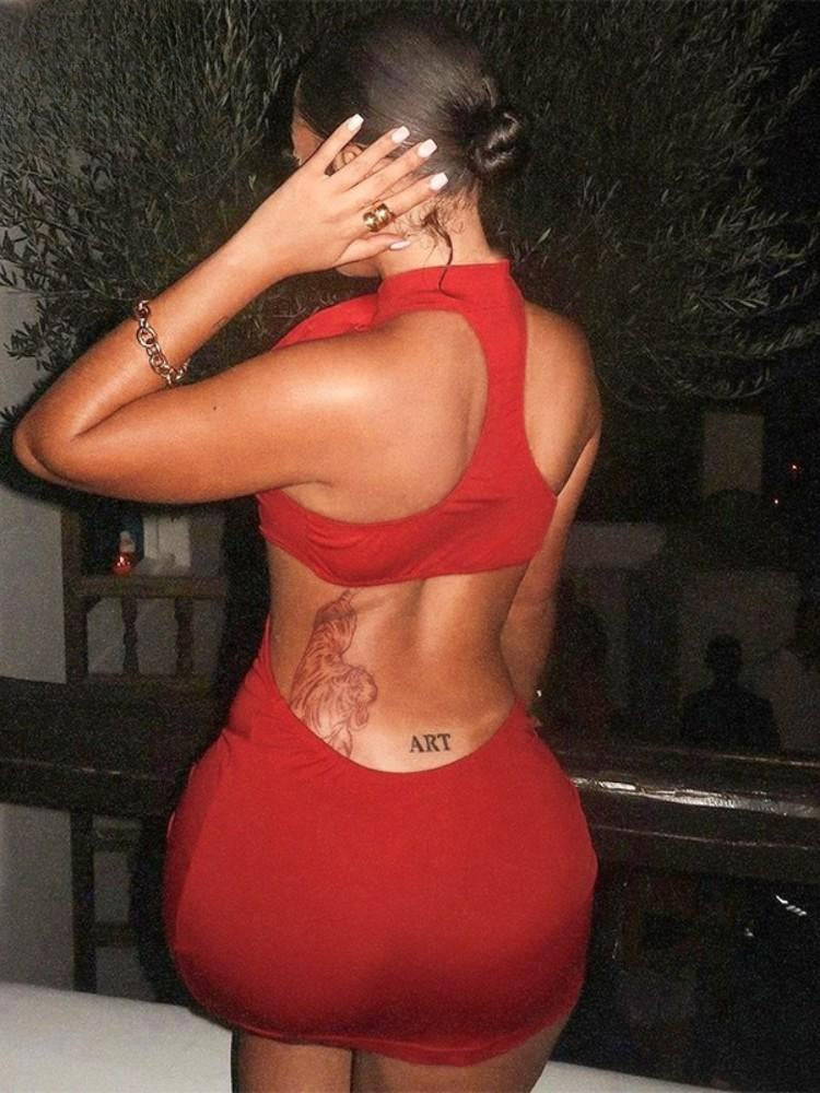 3D Flower Decoration Red Vacation Dresses Sexy Hollow Backless Bodycon Party Dress