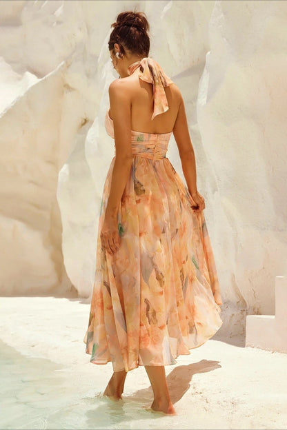 Sleeveless Floral Halter Backless Midi Dress