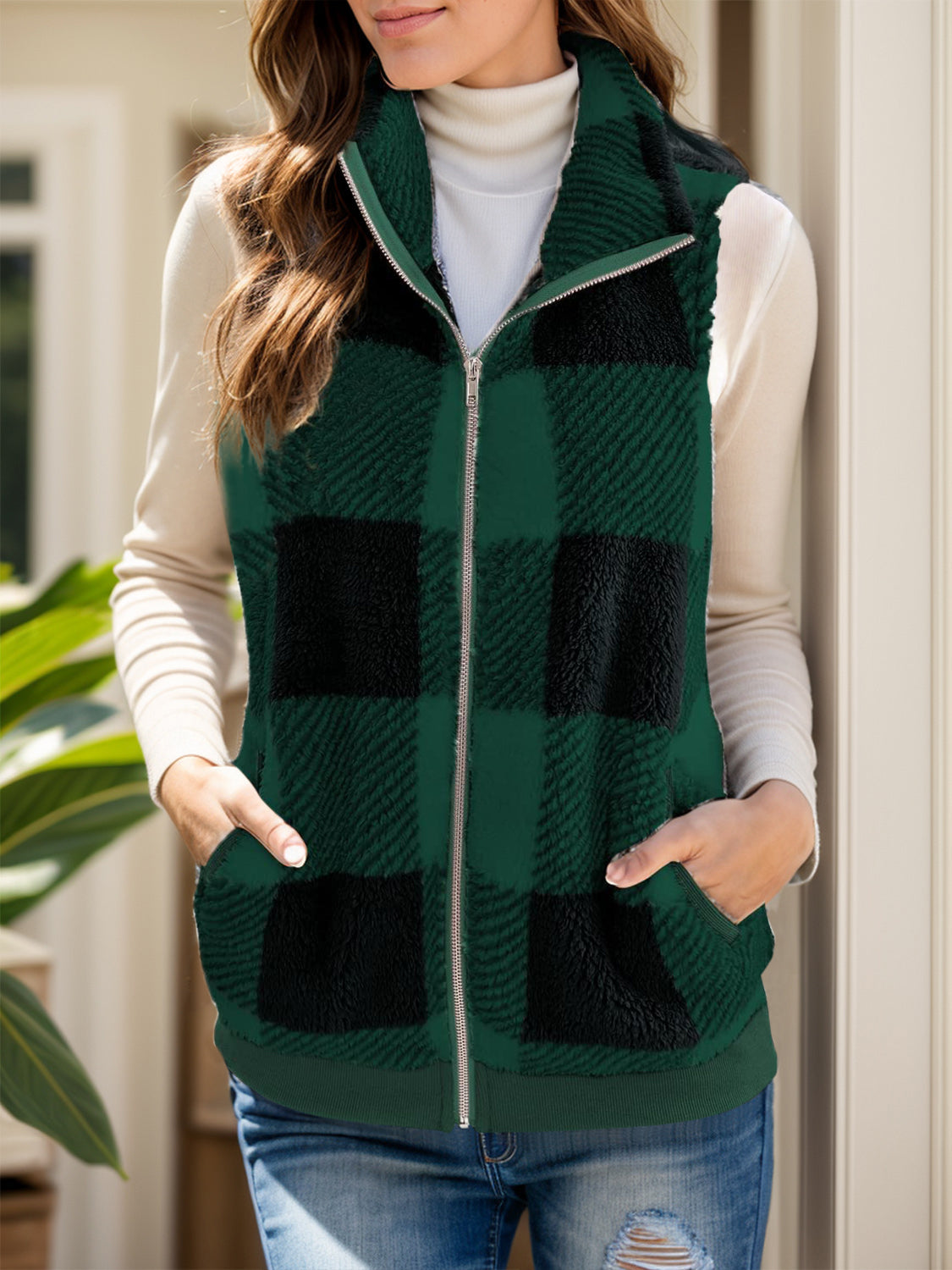 Anja | Full size checked vest coat with pockets