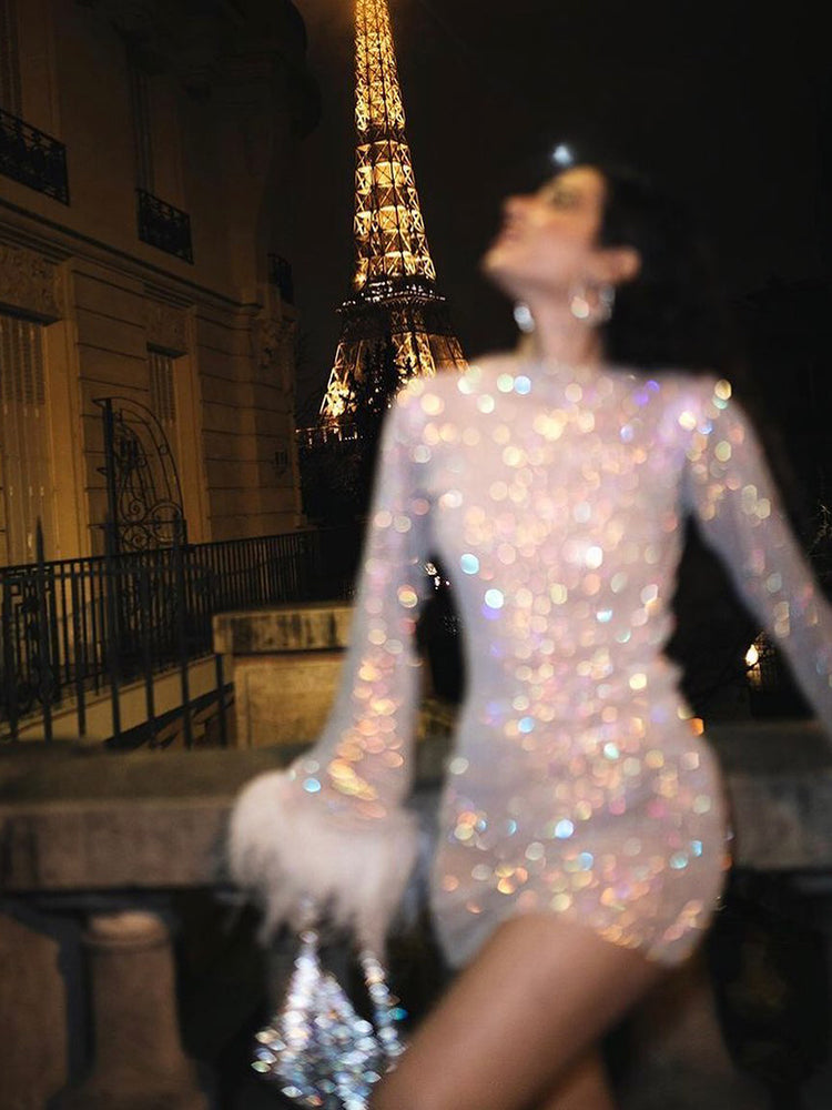 Stella® | Feather-Embellished Sheer Party Dress