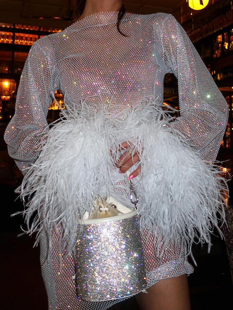Stella® | Feather-Embellished Sheer Party Dress