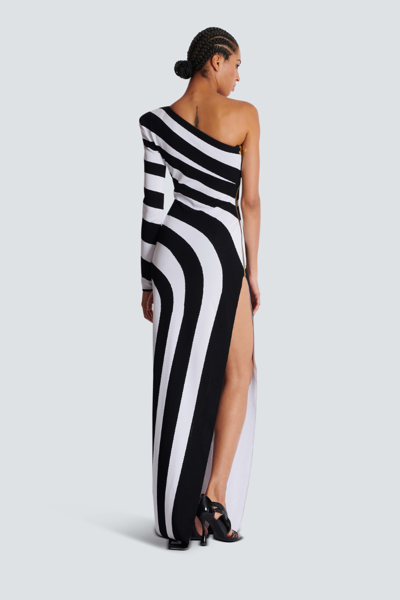 Isabel® | One-Shoulder Slit, Asymmetric Striped Maxi Dress