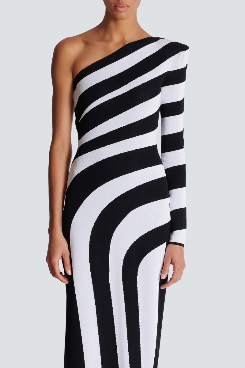Isabel® | One-Shoulder Slit, Asymmetric Striped Maxi Dress