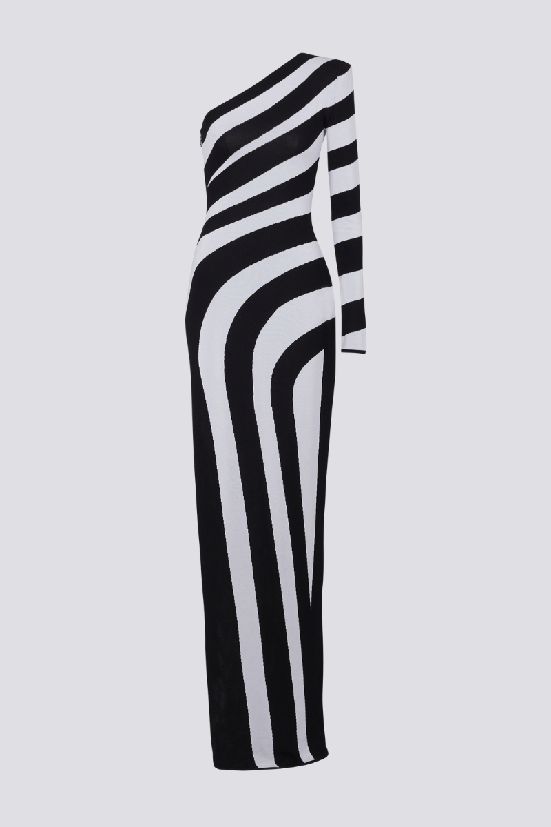 Isabel® | One-Shoulder Slit, Asymmetric Striped Maxi Dress