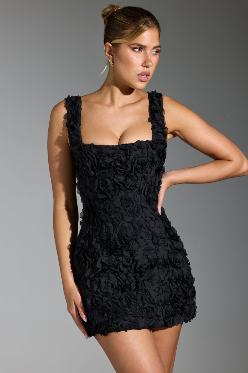 Vania® | Floral Lace-Up Square Neck Mini Dress In Black