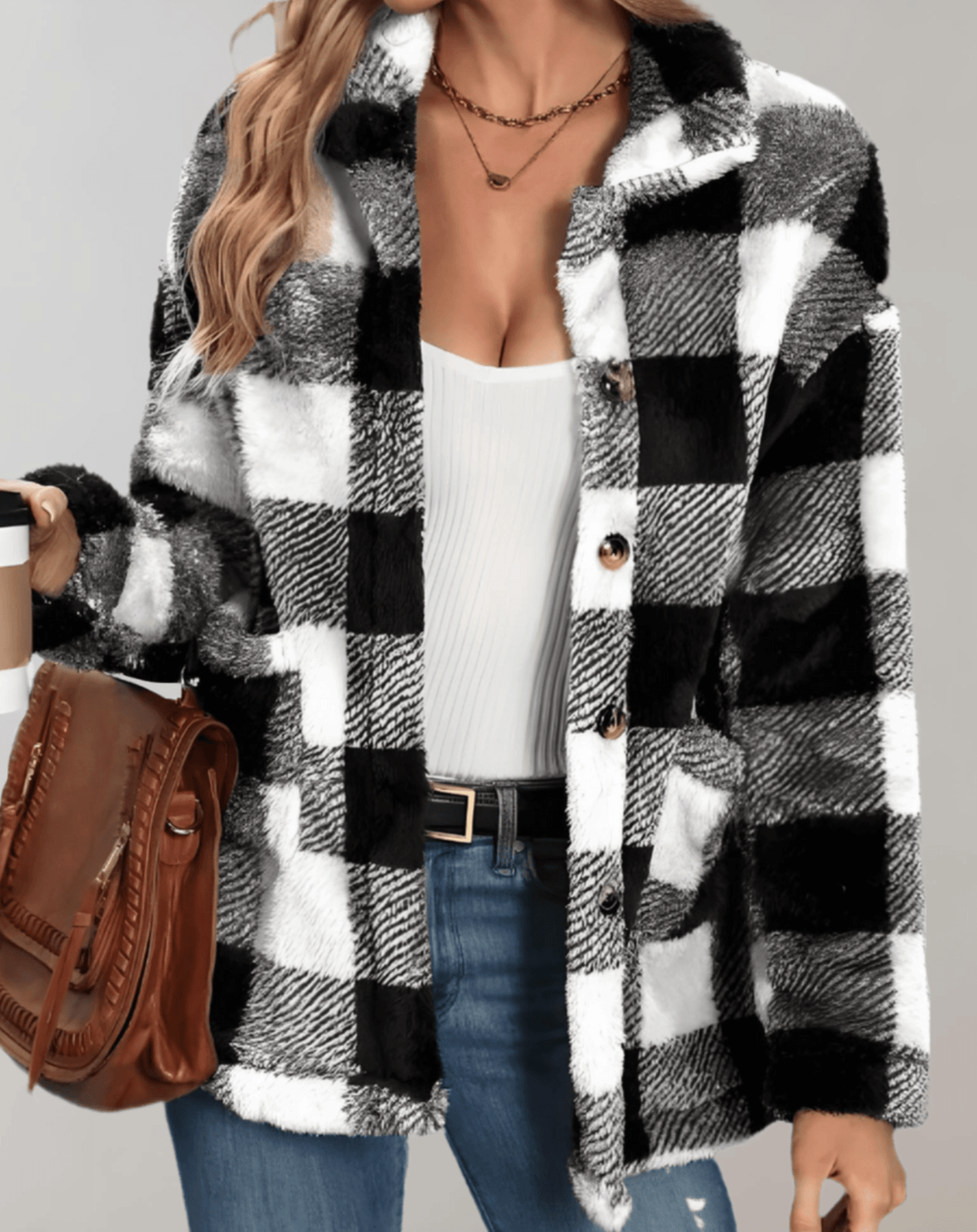 Fernanda® | Women's teddy plush jacket with full sleeves and check pattern