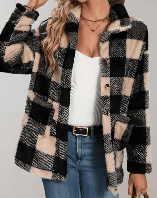 Fernanda® | Women's teddy plush jacket with full sleeves and check pattern