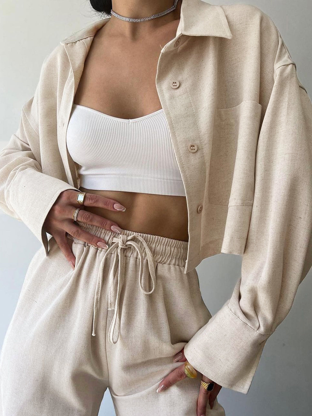 Sibel® | Elegant Trousers Set With Collar And Drawstring