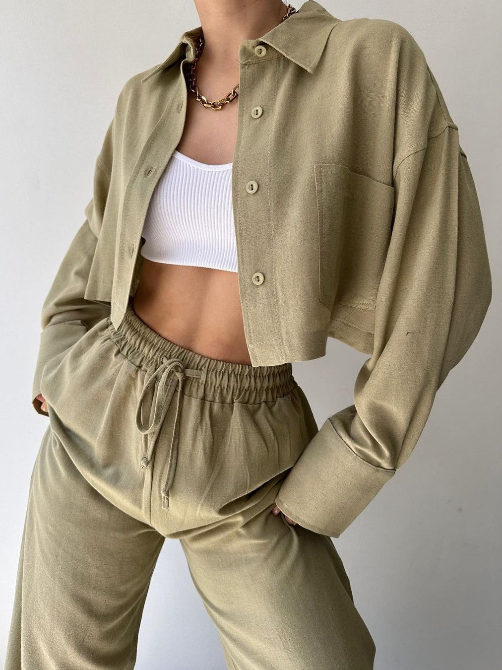 Sibel® | Elegant Trousers Set With Collar And Drawstring