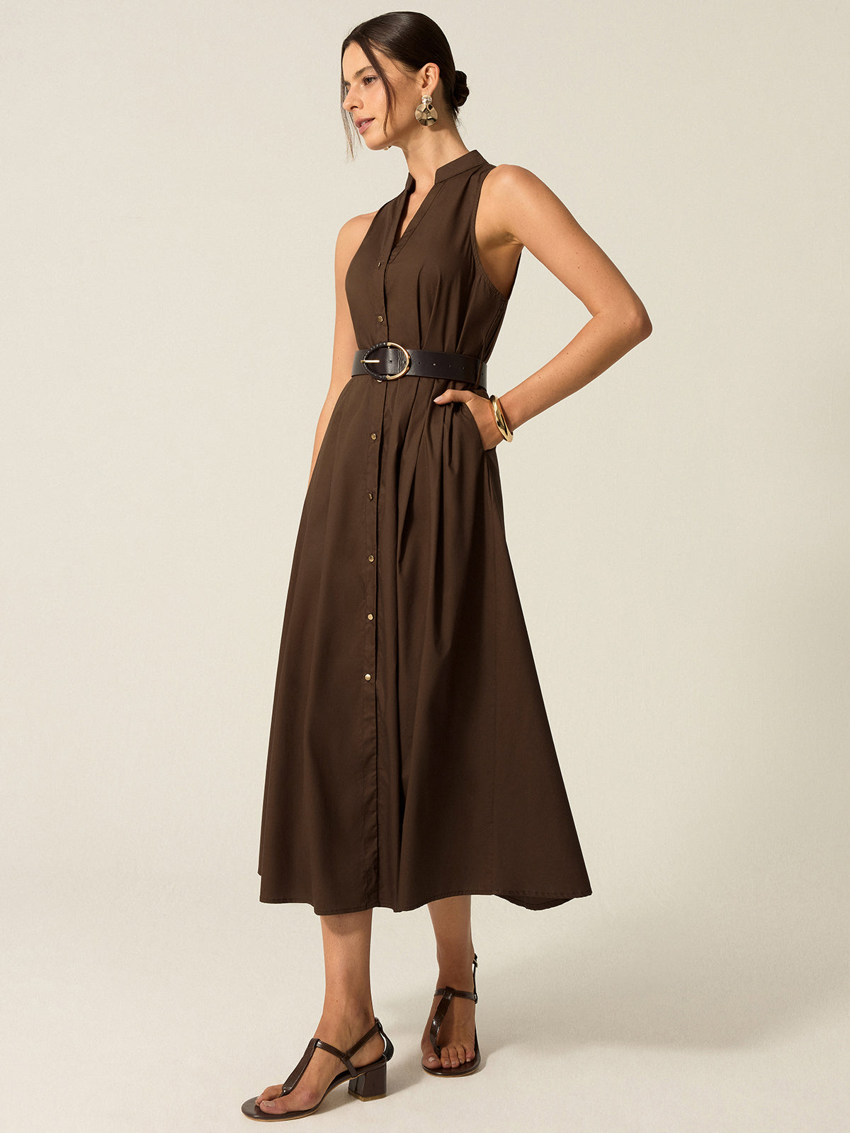 Belted Button-Front Midi Dress