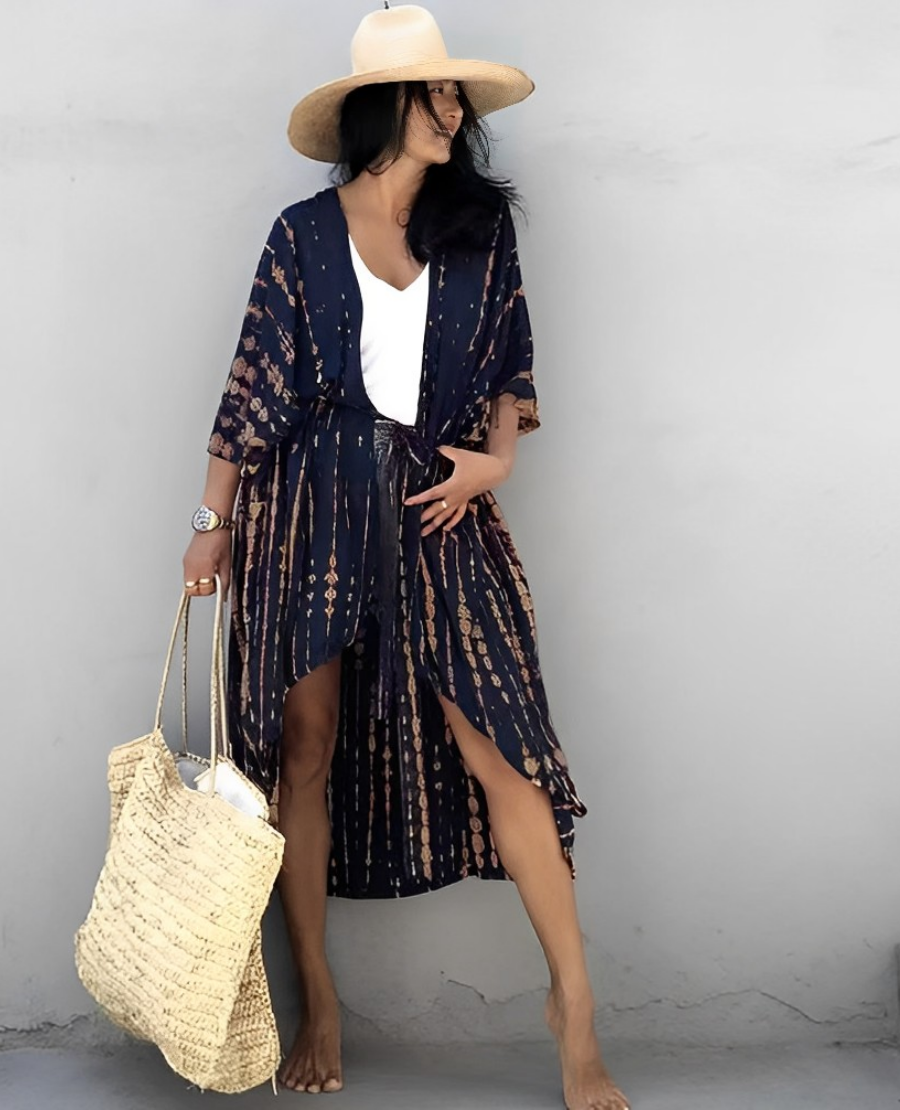 Marina® | Retro Kimono Long Patterned Beach Kimono With Belt For Women