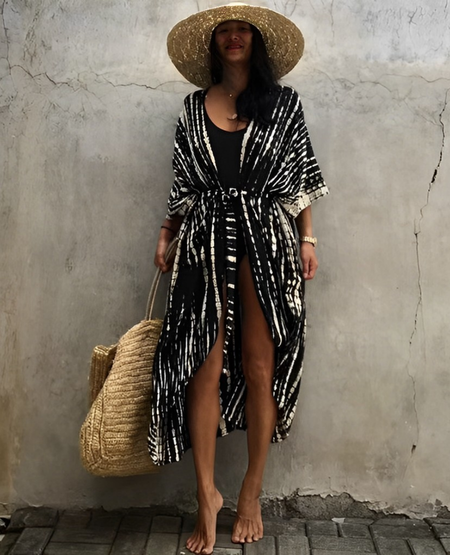 Marina® | Retro Kimono Long Patterned Beach Kimono With Belt For Women