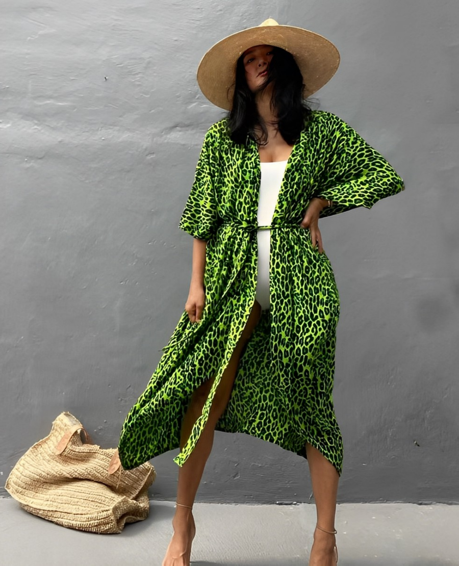 Marina® | Retro Kimono Long Patterned Beach Kimono With Belt For Women